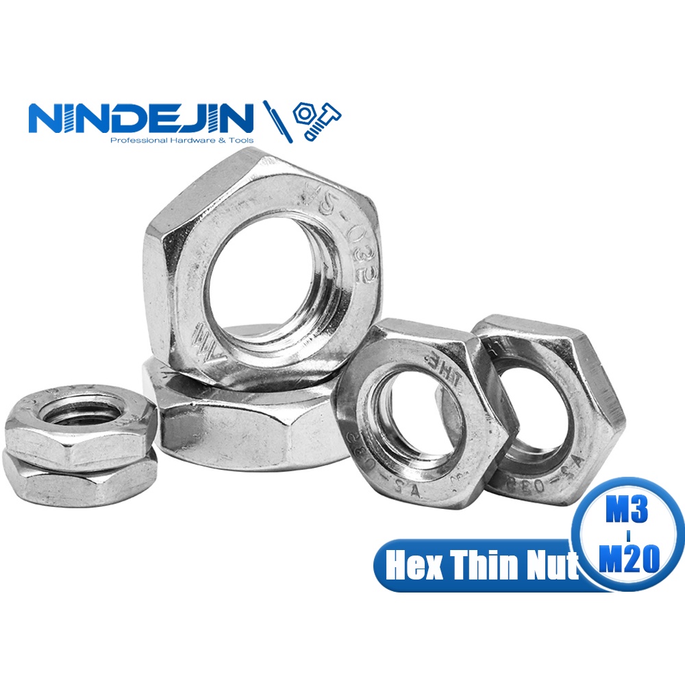 NINDEJIN Thin Hex Nuts 304 Stainless Steel M3 M4 M5 M6 M8 M10 M12 M14