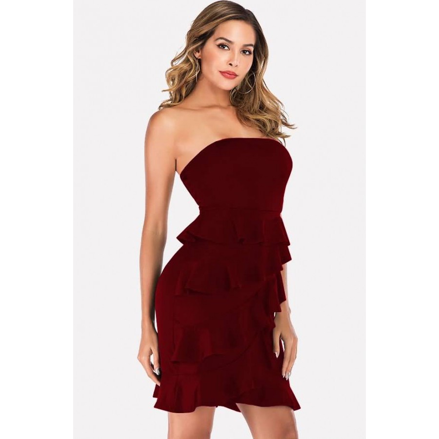 red strapless ruffle dress