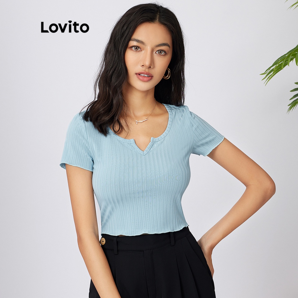 Lovito Casual Plain Notched Neck Rib Knit T-Shirt L21AS012 (Blue ...