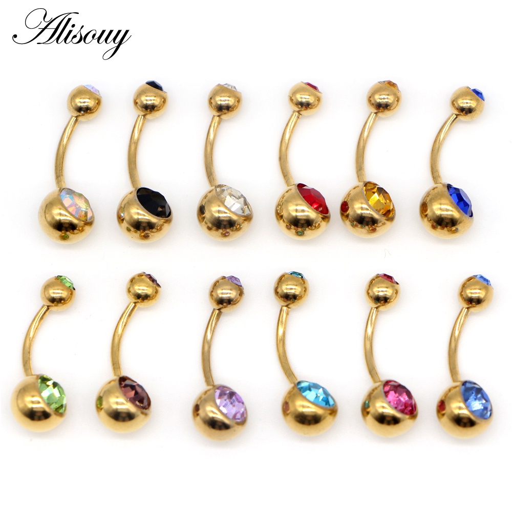 2022 New 1pc G23 Titanium Navel Rings Gold Anodized Belly Button Piercing Navels Double Crystal