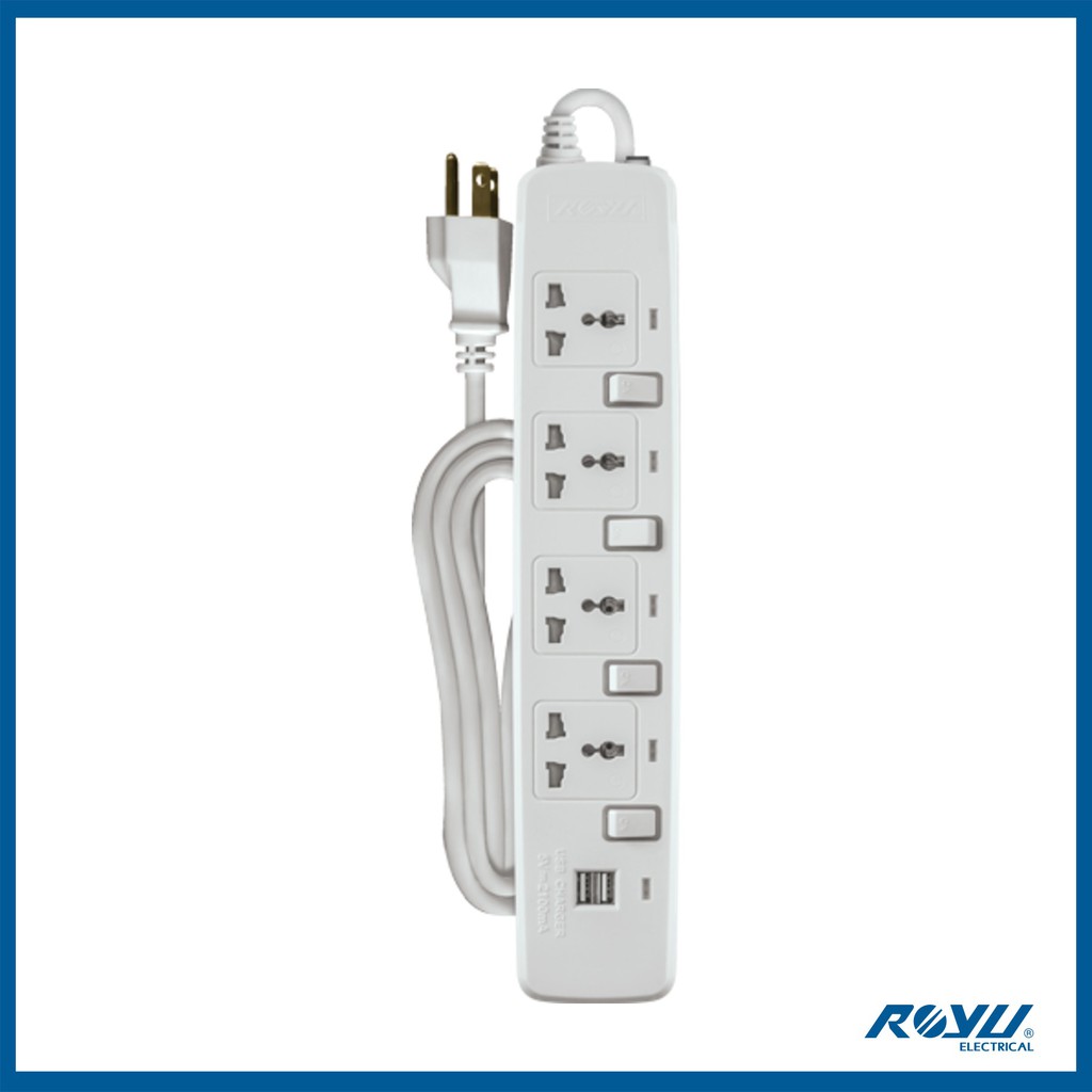 Royu 4 Gang Power Extension Cord with Individual Switches & 2 USB Ports White REDEC724