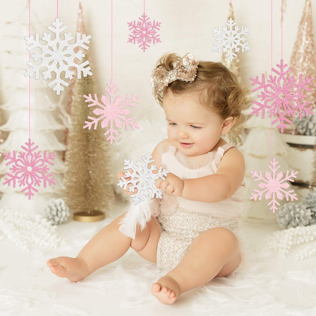 JOYMEMO 2 Pack Snowflake Banner Garland Ornaments Decorations Pink & White for Christmas Party Girls Winter Wonderland Birthday Baby Shower, Holiday Home Table Decor