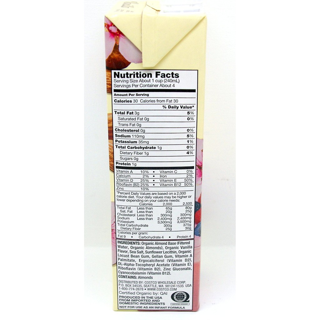 Kirkland Organic Unsweetened Almond Milk Nutrition Facts Blog Dandk