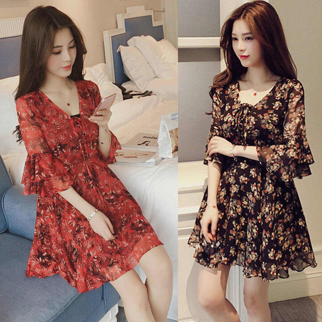 Korean Dress Women Chiffon 2026.Korean Women's Floral V Collar Flare Sleeve Chiffon Dress | Shopee ...