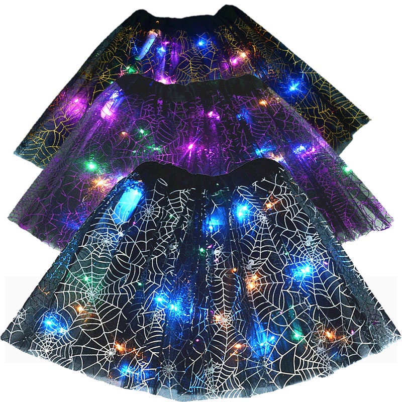 Horrible Scary LED Glowing Light Up Kids Girls Spider Web Cobweb Skirt Tutu Costume