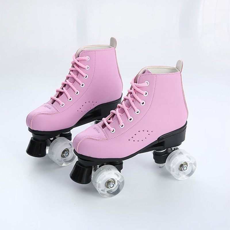 Adult Pink Artificial Leather Roller Skates Shoes Double Row Patines With 4 Wheel Outdoor