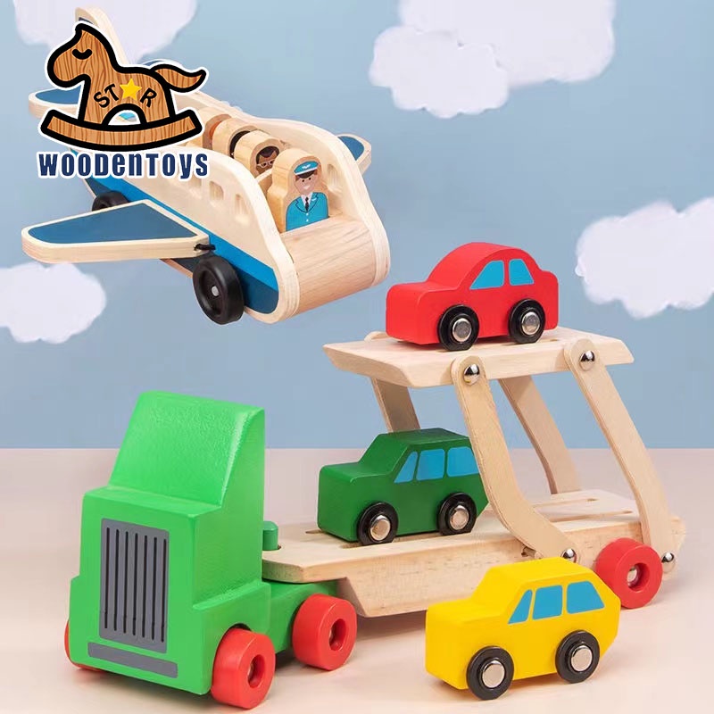 Car Carrier Truck and Cars Wooden Toy Set With 1 Truck and 4 Cars