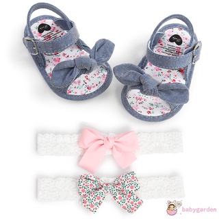 (Babygarden)-Baby Girl’s Cotton Shoes and 2Pcs Headband Floral Stripe Soft Sole Sandals #8