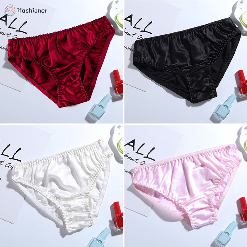 Women Silk-like Satin Panties Bikini Underwear Breathable Solid Color ...
