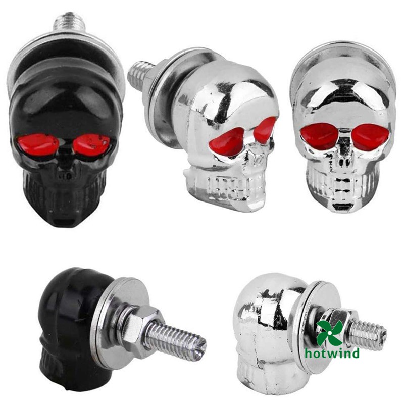 Car License Plate Screw Bolt Cap Alloy Vehicle Tag Fastener Dark Skull Bolts Caps Decorative Covers Motorcycle License Plate Frame Mounting Kit 4PCS 