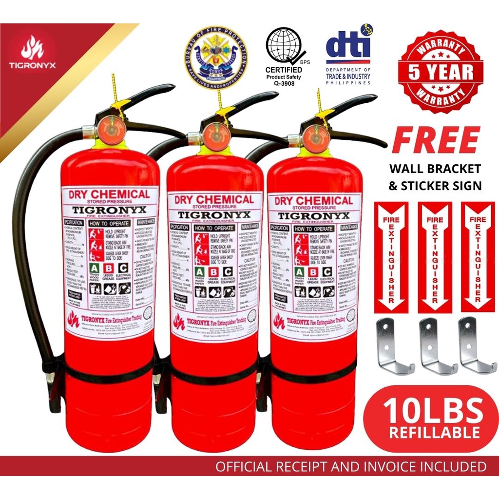 3pcs Fire Extinguisher 10lbs Tigronyx Dry Chemical Refillable Shopee