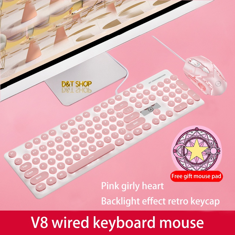 V8 wired keyboard and mouse retro punk appearance LED backlit pink ...