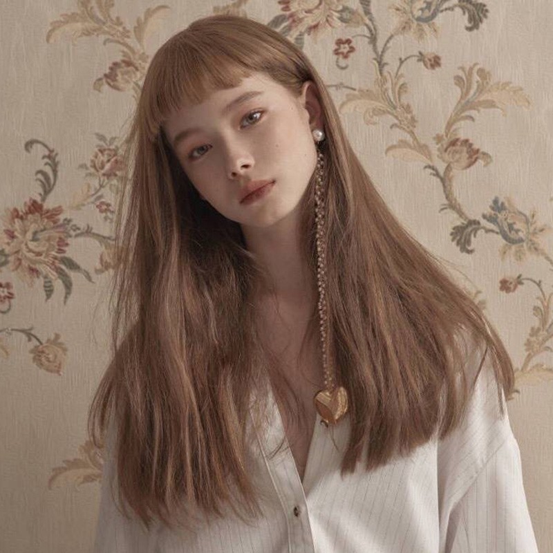 Wig Female Air Bangs Long Straight Hair Light Brown Linen Long