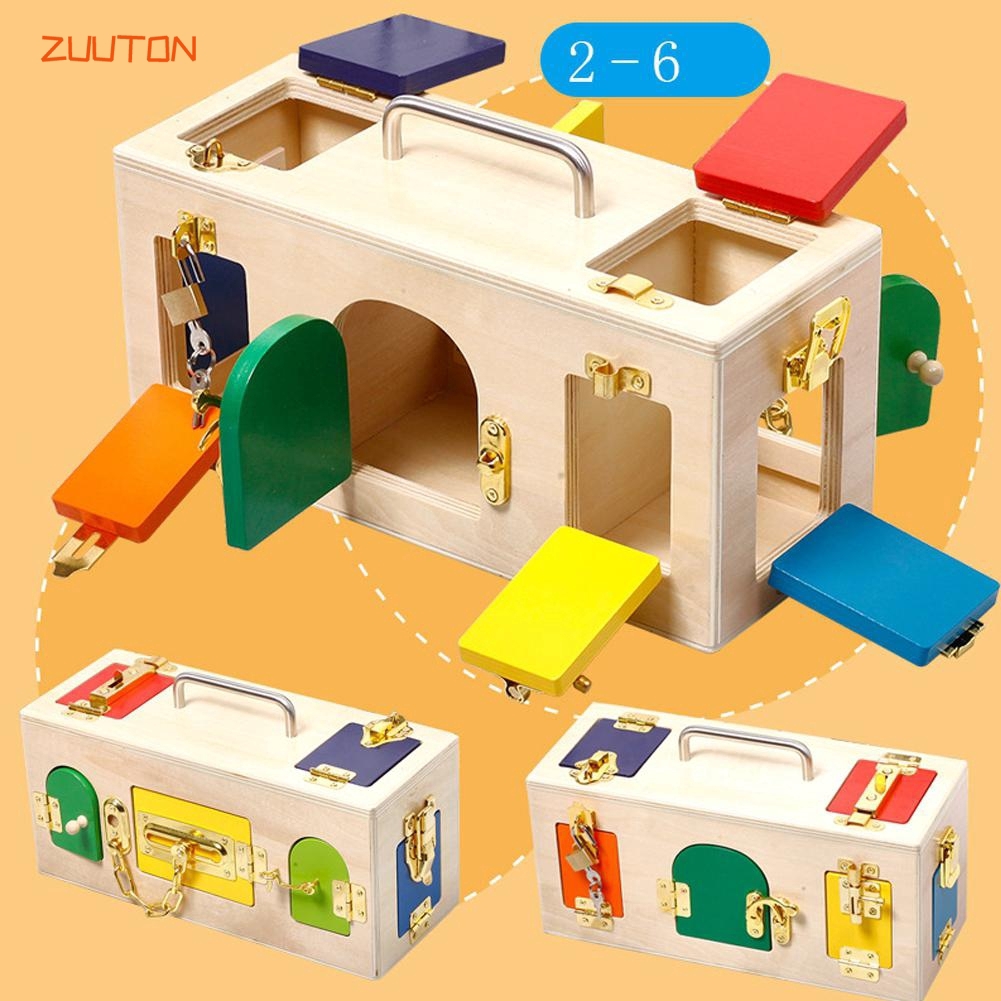 Wooden Montessori Practical Material Little Lock Box Kids Children