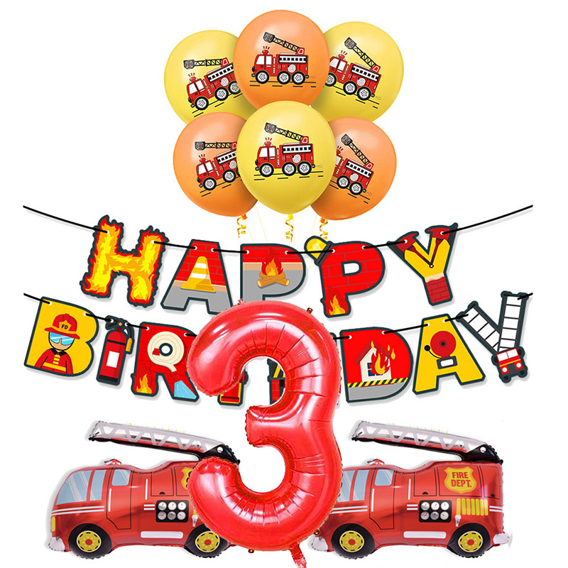 fire-truck-birthday-party-decor-banner-ballons-cake-topper-fireman