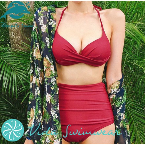 red high waisted two piece swimsuit