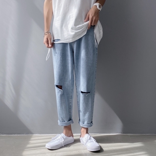 Thin Jeans Male Slim Feet Pants Trend Leisure Wild Nine Feet | Shopee Philippines