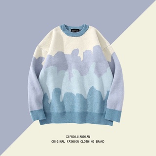 Harajuku Style Color Matching Crew Neck Sweater Men's Japanese Loose Couple Pullover Sweater Jacket Simple Oil Painting Style Crew Neck Top