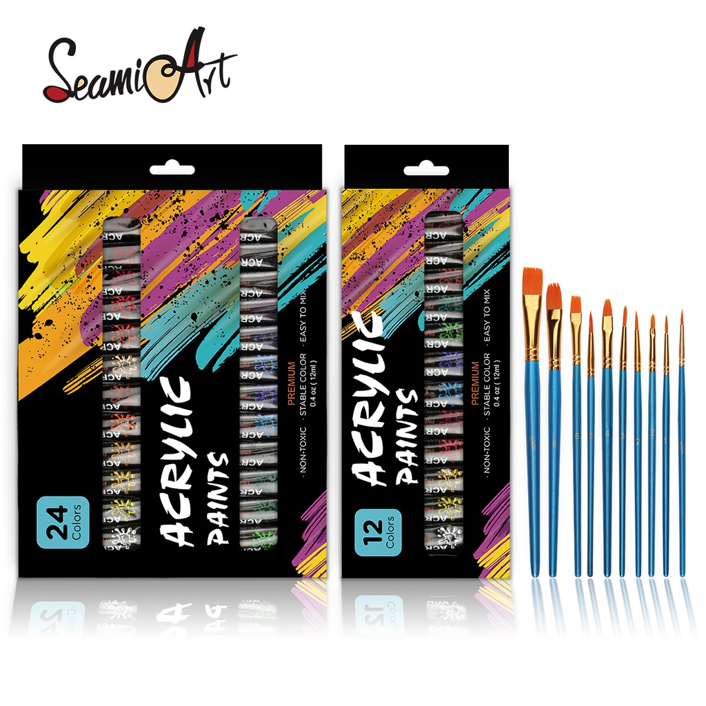 Seamiart_[Ready Stock] 12/24 Colors Acrylic Paint Set 12ml Tube Acylic Paint with 10pcs Painting