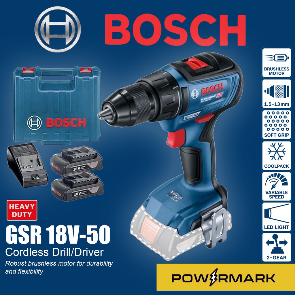 Bosch GSR 18V50 Cordless Drill/Driver Set [POWERMARK BCT] Shopee