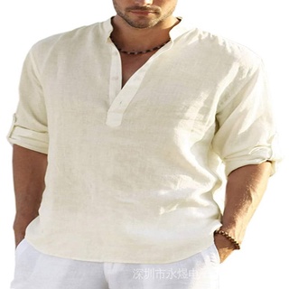 Men's Cotton Linen Henley Shirt Long Sleeve Hippie Casual Beach T Shirts Lnh7 #7