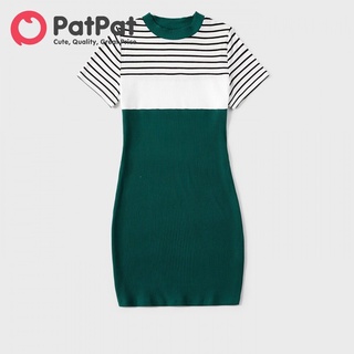 PatPat Family Matching Outfits Striped Colorblock Spliced Rib Knit Short-sleeve Bodycon Dresses Tops #5