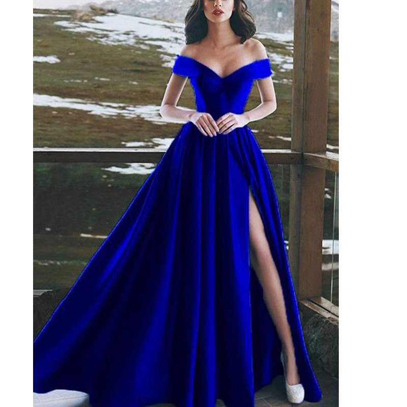 Womens Blue Gown Dress Off Shoulder Big Hem Long Sexy Maxi Dinner Fashion Plain Dress Shopee