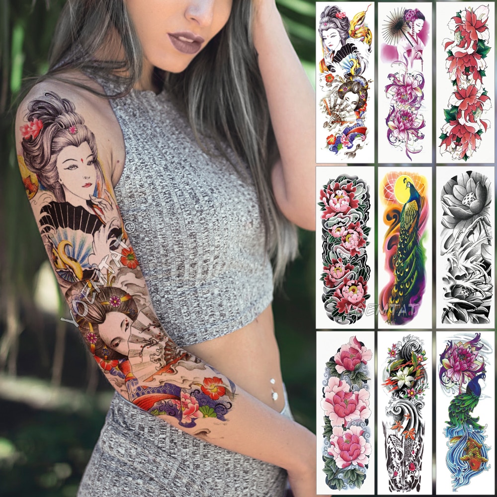 2pcs Large Arm Sleeve Tattoo Japanese Geisha Snake Waterproof Temporary Tatto Sticker Lotus Peacock Girl Tatoo Body Art Women Shopee Philippines