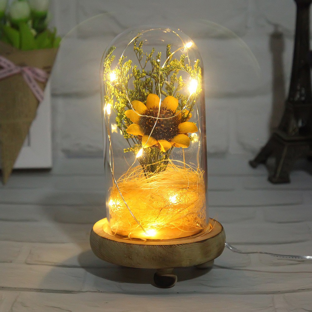 Sunflower Dried Flowers in Glass Dome Warm Light Bedroom Decor Lamp ...