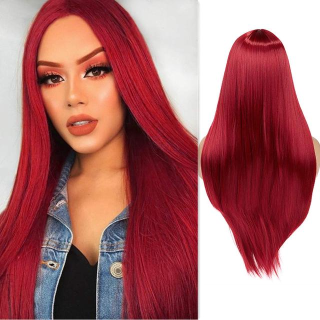 New Synthetic Long Straight Middle Part Wig Heat Resistant Red White
