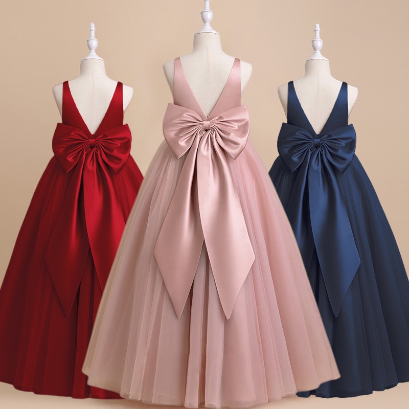 Girls Elegant Gown Pearl VNeck Big Bow Dress Children's Birthday Party Robe Dress Wedding