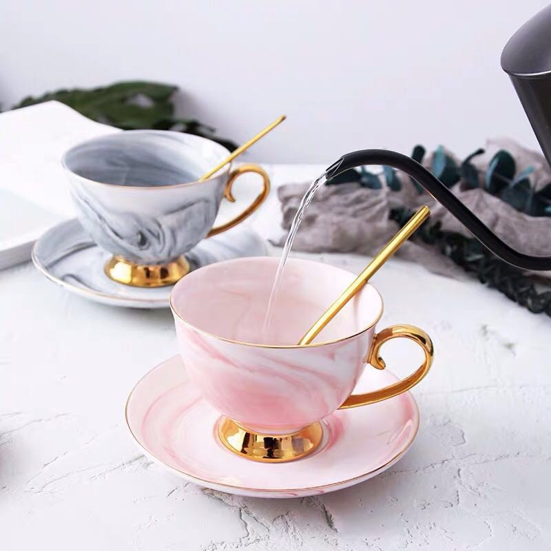 Premium Marble & Gold Coffee Mug+Saucer+Spoon | Shopee ...