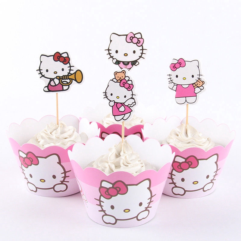 HELLO KITTY Cupcake Wrappers /& Toppers Picks Kids birthday Party Supplies 24pcs
