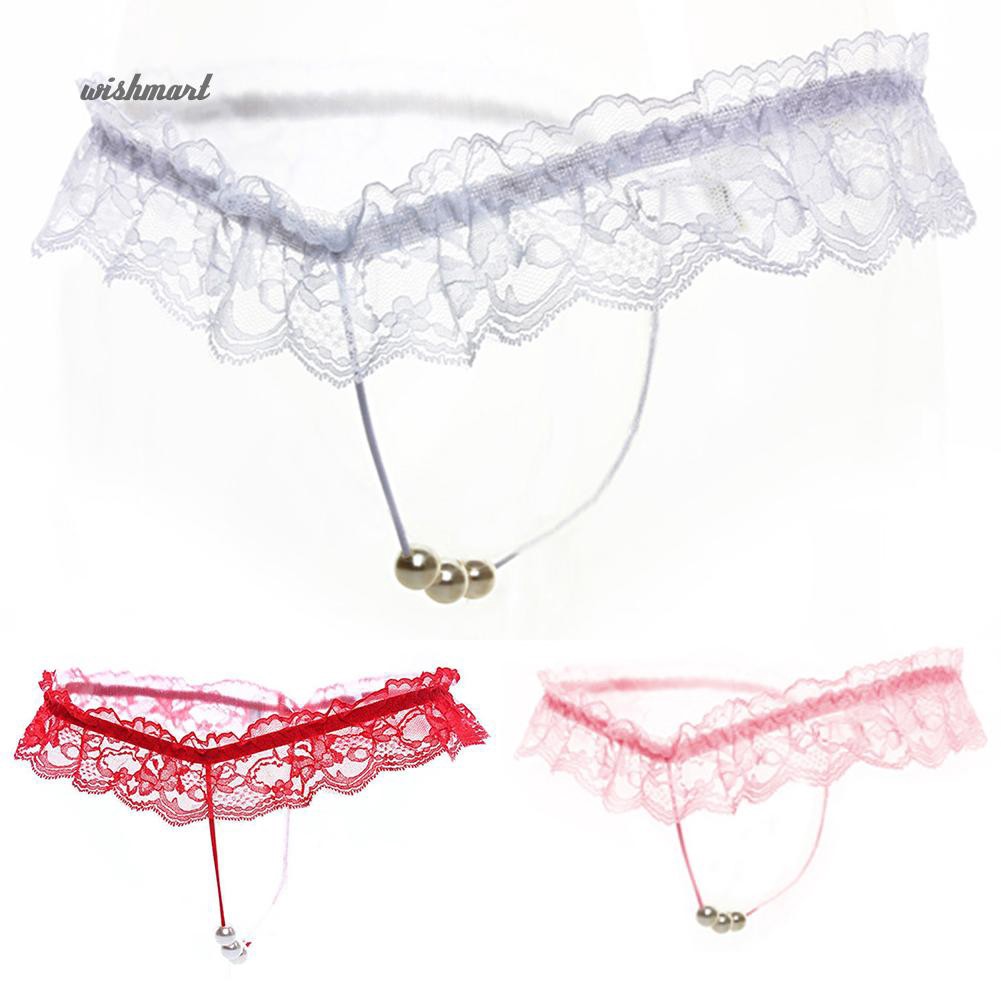 Ladies Sexy Thongs Briefs Faux Pearl Crotch G String Lace