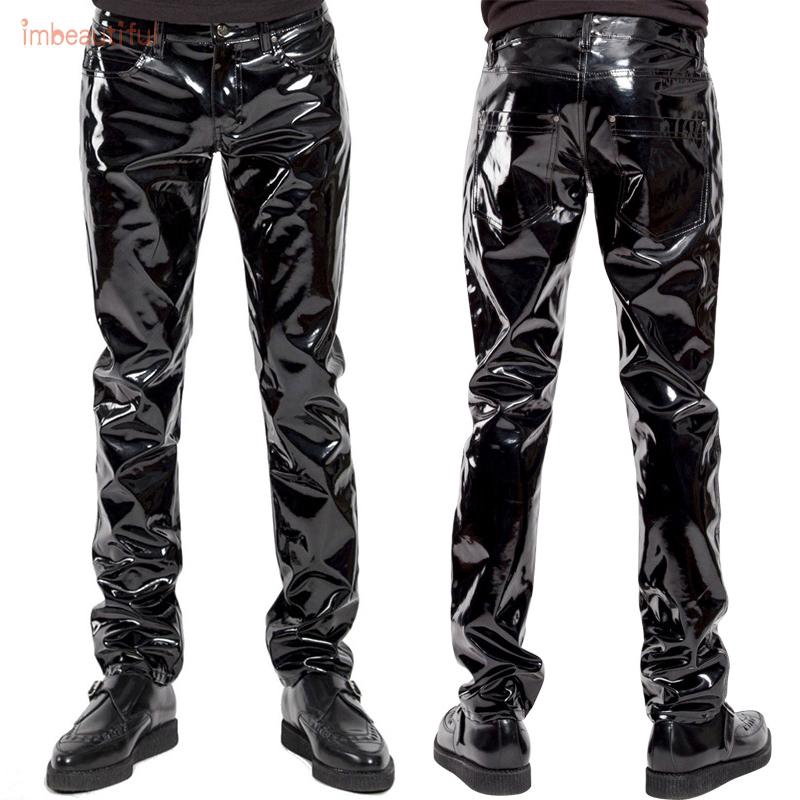patent black trousers