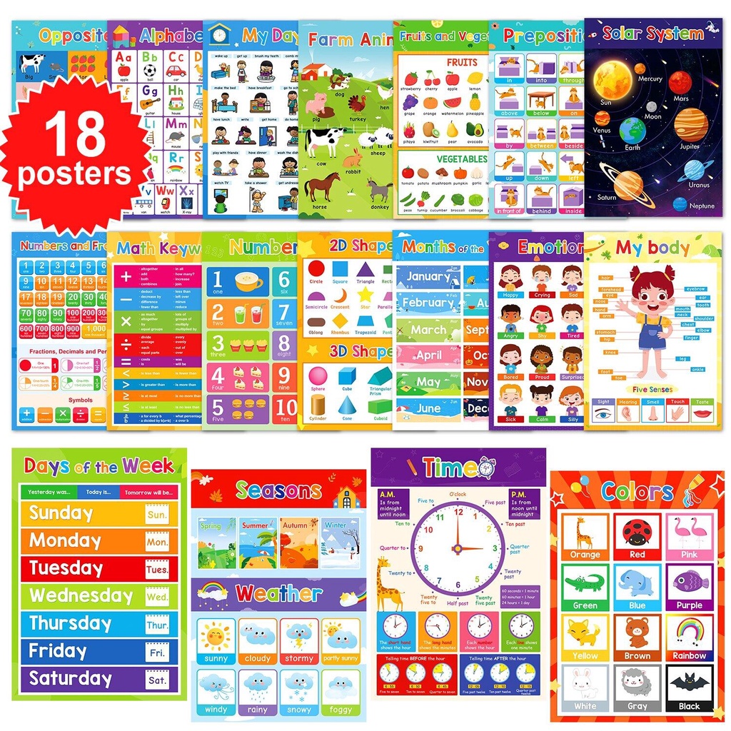 18PCS A3 Size Educational Wall Chart Early English Learning Poster ...