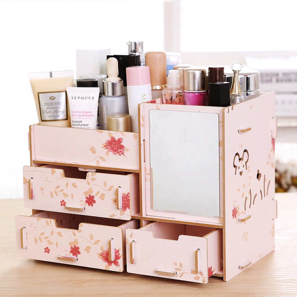 SK Mixes Shop DIY WOODEN COLORFUL MAKEUP ORGANIZER WITH MIRROR JEWELRY