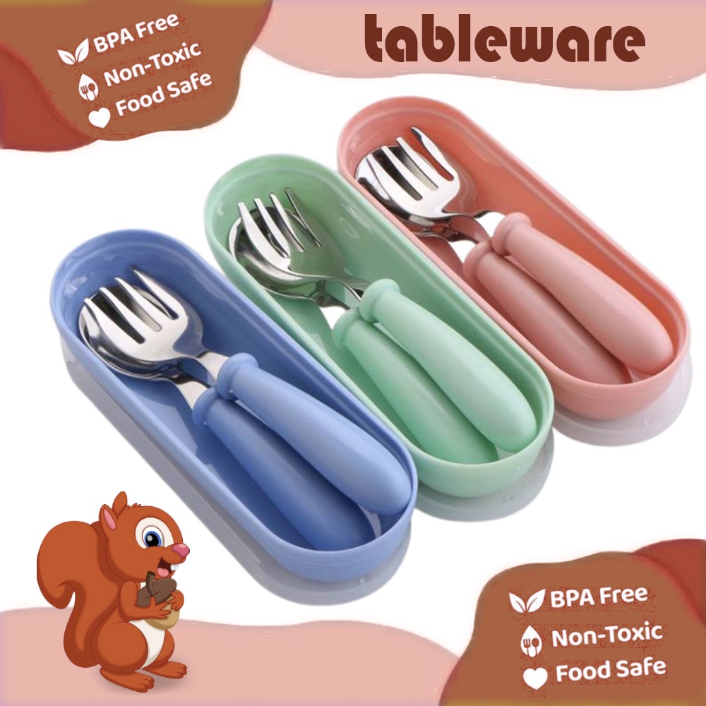 Baby Plain Stainless Spoon and Fork Set with Case Training Spoon for