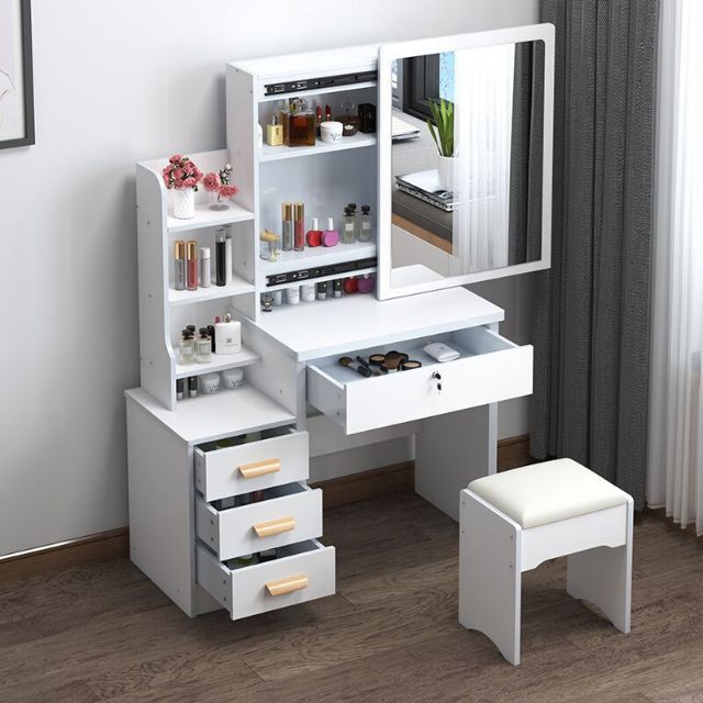 Blanja Dressing Table Stool Bedroom Vanity Set Makeup Drawer Lock Desk With Mirror And 4 Drawers Wh Shopee Philippines