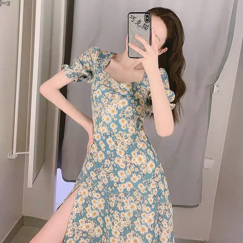 2022 Summer Classy Women’s Long Skirt Puff Sleeve Vacation Floral Dress