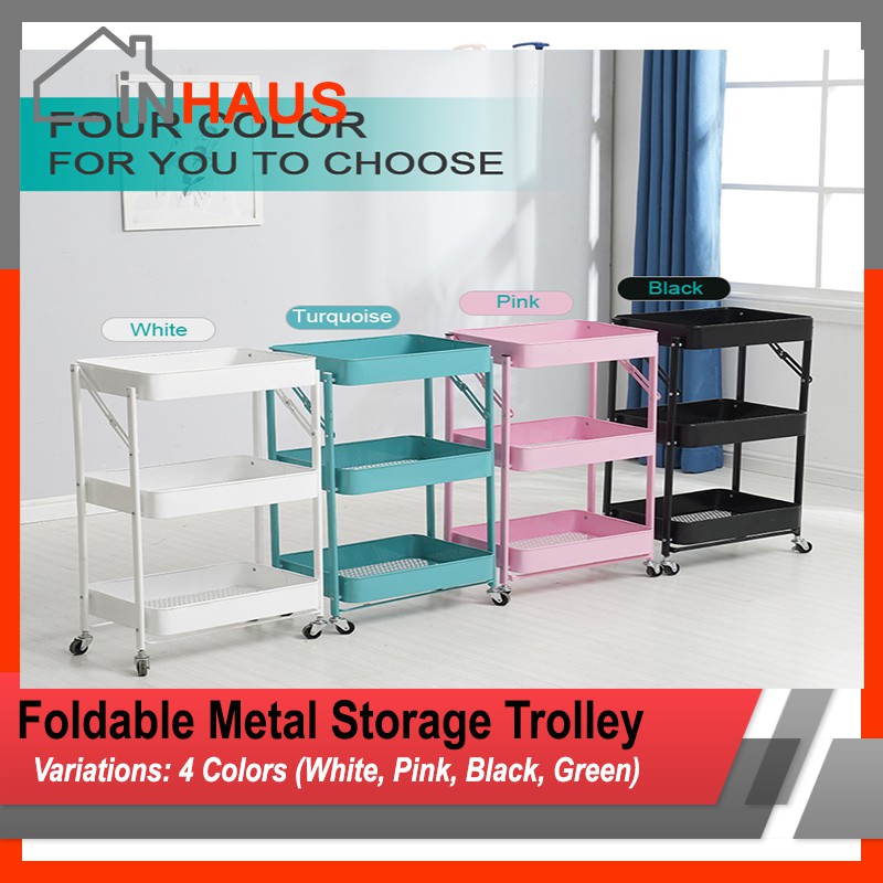 INHAUS 3 Tier Foldable Metal Trolley Storage Rack Organizer With Wheels