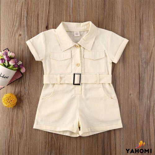 Yaho1-6Y Infant Kid Baby Girl Romper Clothes Short Sleeve Solid Single Breasted Playsuit Jumpsuit Outfit With Belt