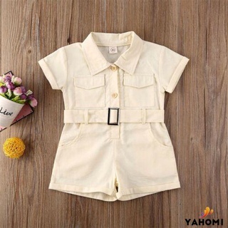 Yaho1-6Y Infant Kid Baby Girl Romper Clothes Short Sleeve Solid Single Breasted Playsuit Jumpsuit Outfit With Belt #3