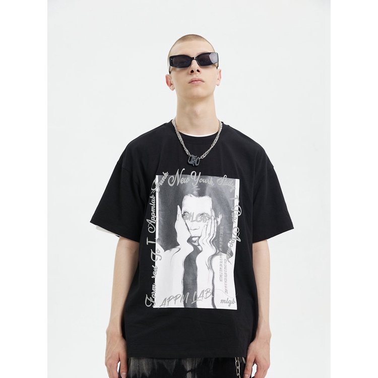 couple tshirt front portrait American trend print hip hop cotton crewneck unisex plus size black top