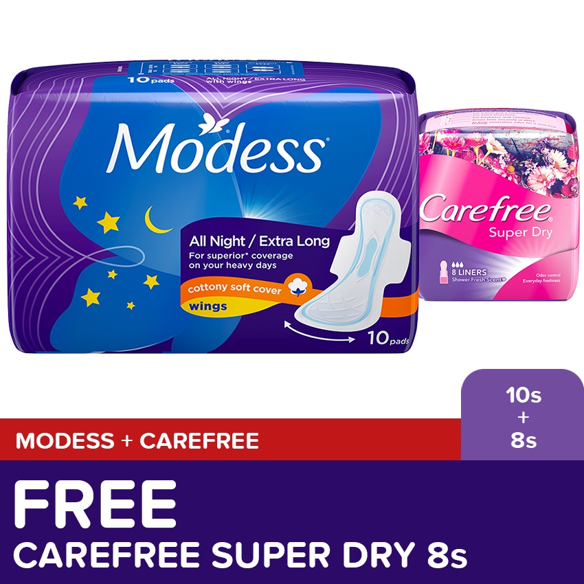 Modess All Night Sanitary Napkins 10s + FREE Carefree Super Dry Panty Liners 8s Shopee Philippines