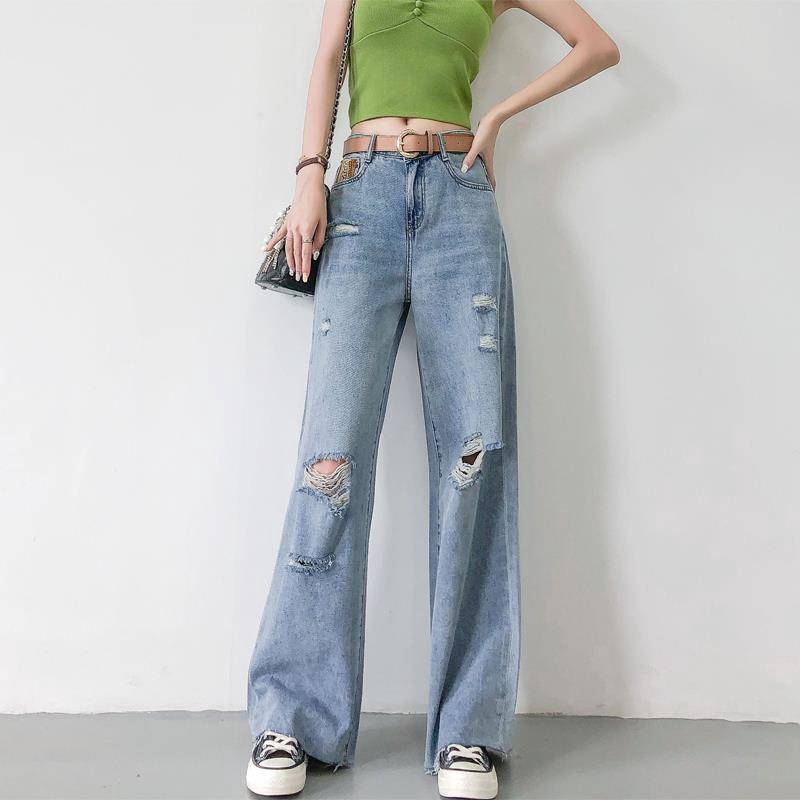 Women Korean Fashion High Waist Ripped Jeans Loose Wide Leg Pants ...