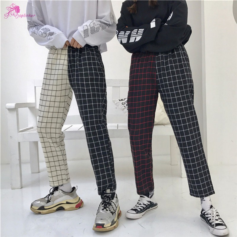 womens high waisted checked trousers