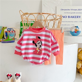 [Onhand] Autumn Summer Style Korean Version Trendy 0-2 Years Old Male Female Baby Long-Sleeved Trousers Jumpsuit Suit Striped Cartoon Minnie Mickey Print Triangle Romper #9