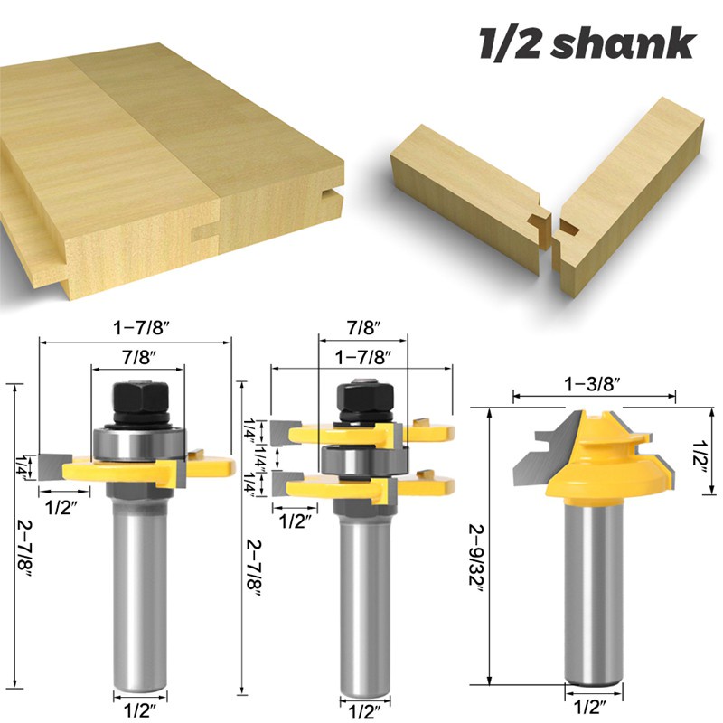 3 Pc 12mm 1/2 Shank Tongue & Groove Joint Assembly Router Bit 1Pc 45 Degree Lock Miter Route Set Stock Wood Cutting B
