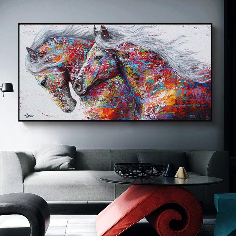 Happy horse painting on canvas poster printed matter frames modern wall ...